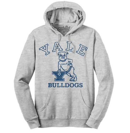 Heather gray pullover hoodie with Yale Bulldogs logo front and kangaroo pocket