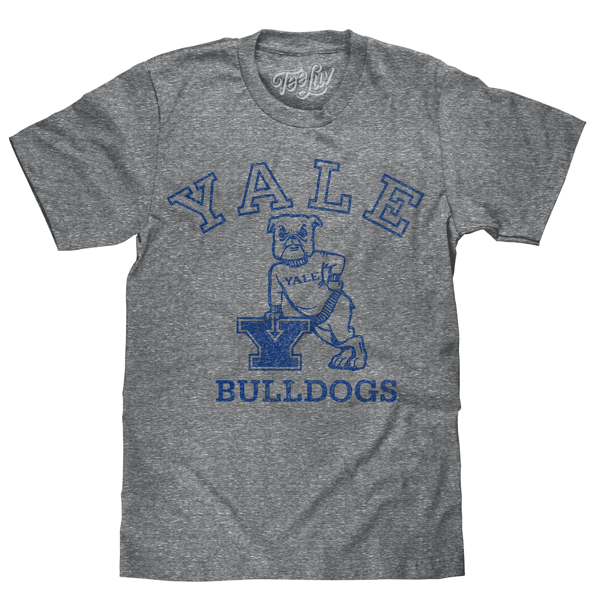 Gray Yale Bulldogs T-shirt with blue logo graphics across the chest