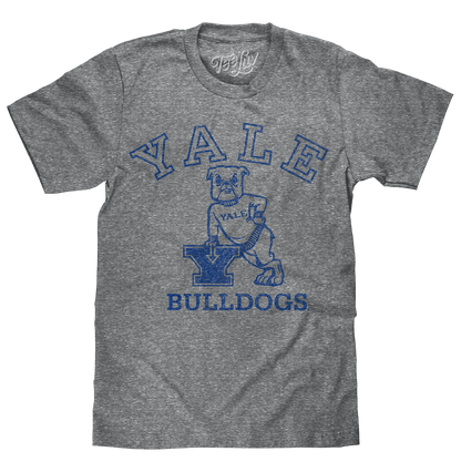 Gray Yale Bulldogs T-shirt with blue logo graphics across the chest
