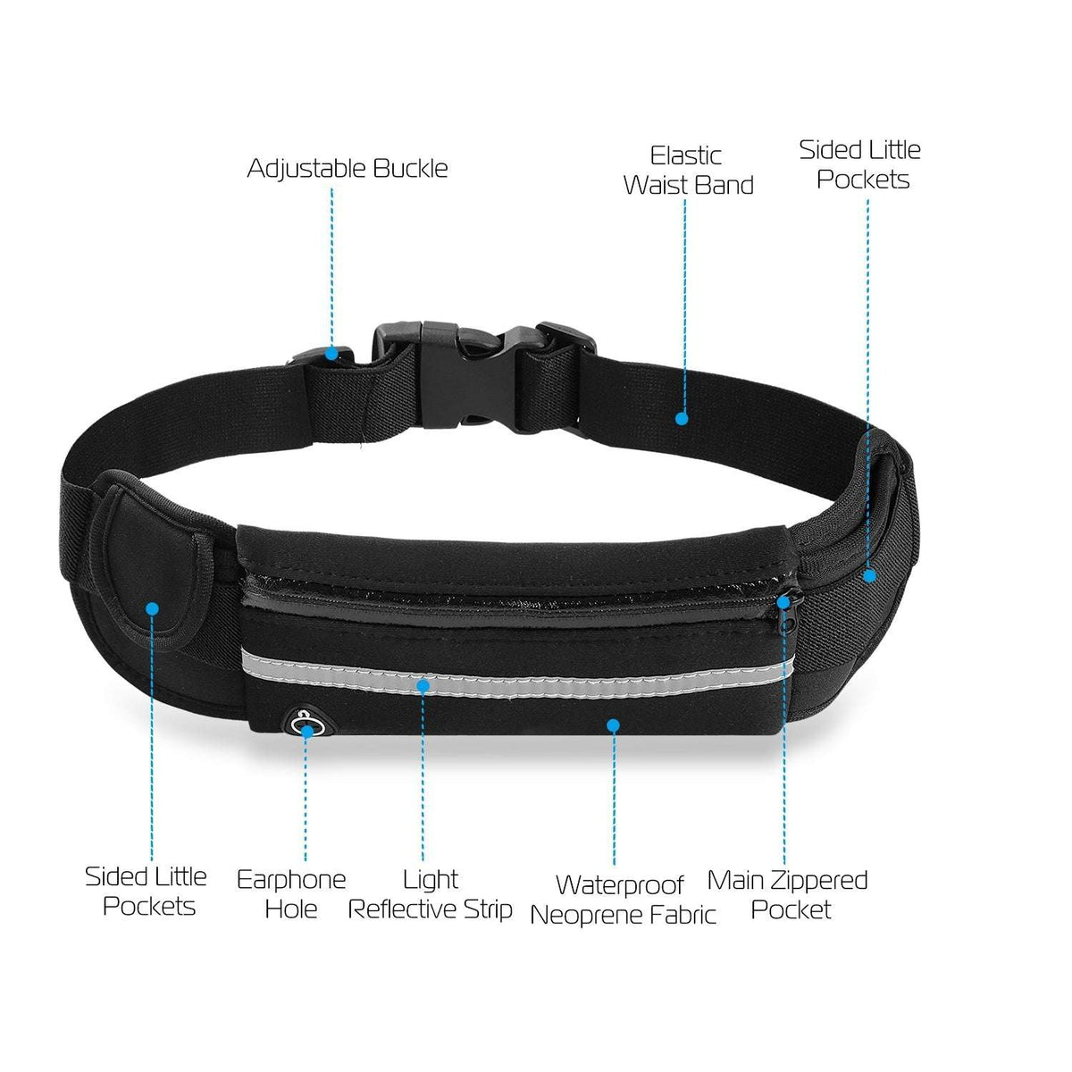 Black waist bag with adjustable buckle, elastic band, side pockets, and zip pocket