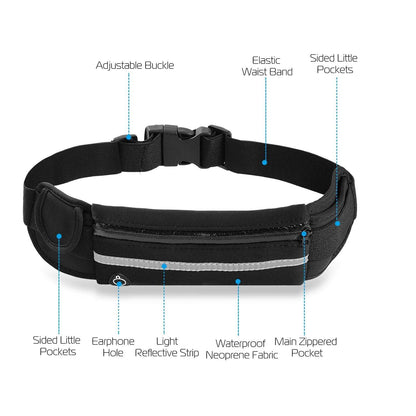 Black waist bag with adjustable buckle, elastic band, side pockets, and zip pocket