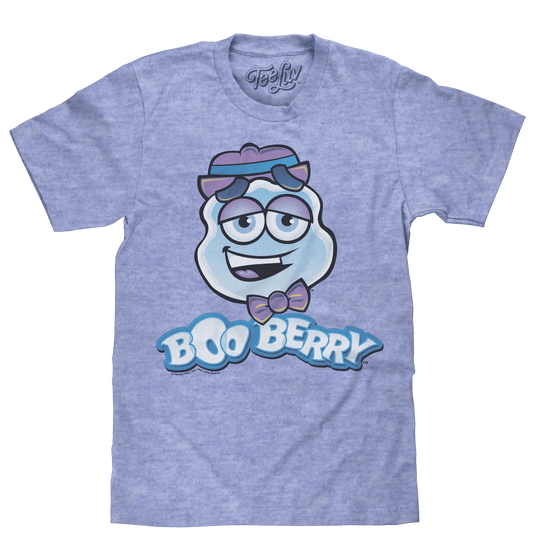 Boo Berry ghost mascot graphic t-shirt, heather light blue crew neck
