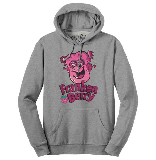 Oxford gray pullover hoodie with Franken Berry Monster graphic and front kangaroo pocket