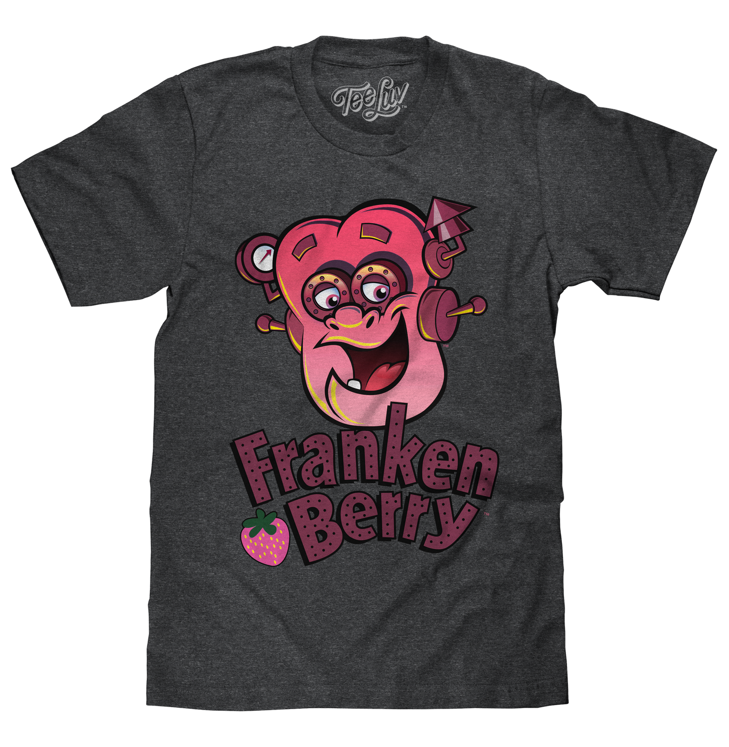 Franken Berry T-Shirt | Monster Cereal Mascot Graphic | Dark Charcoal Heather | Poly-Cotton