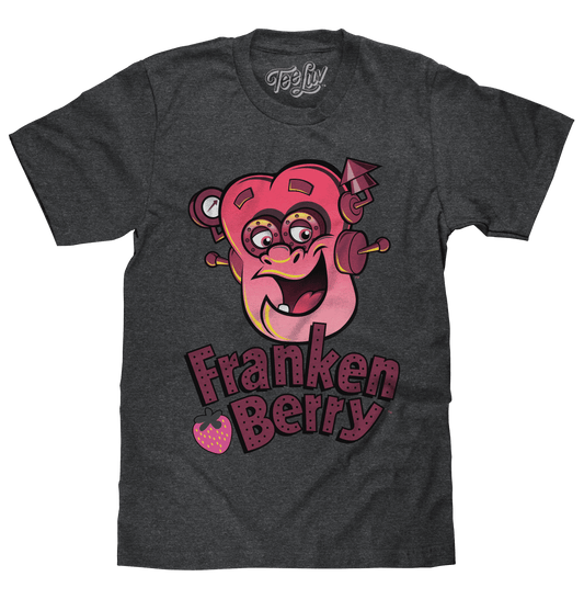 Dark charcoal heather T-shirt with Franken Berry mascot and logo graphic