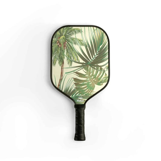 Tropical palm leaf pickleball paddle with rounded face and black handle
