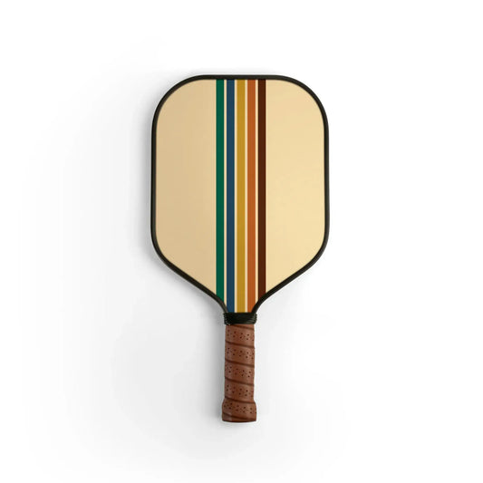 Pickleball paddle with beige face and multicolor vertical stripes, cork-style grip