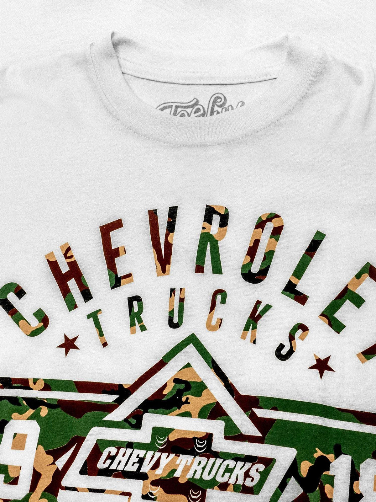 White Chevrolet Trucks T-shirt close-up of colorful 'Chevrolet Trucks' lettering graphic