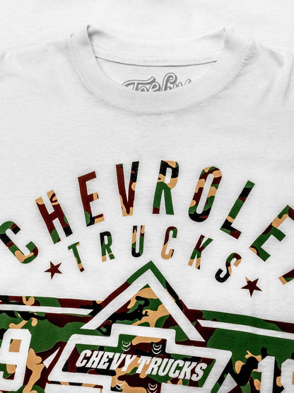 White Chevrolet Trucks T-shirt close-up of colorful 'Chevrolet Trucks' lettering graphic