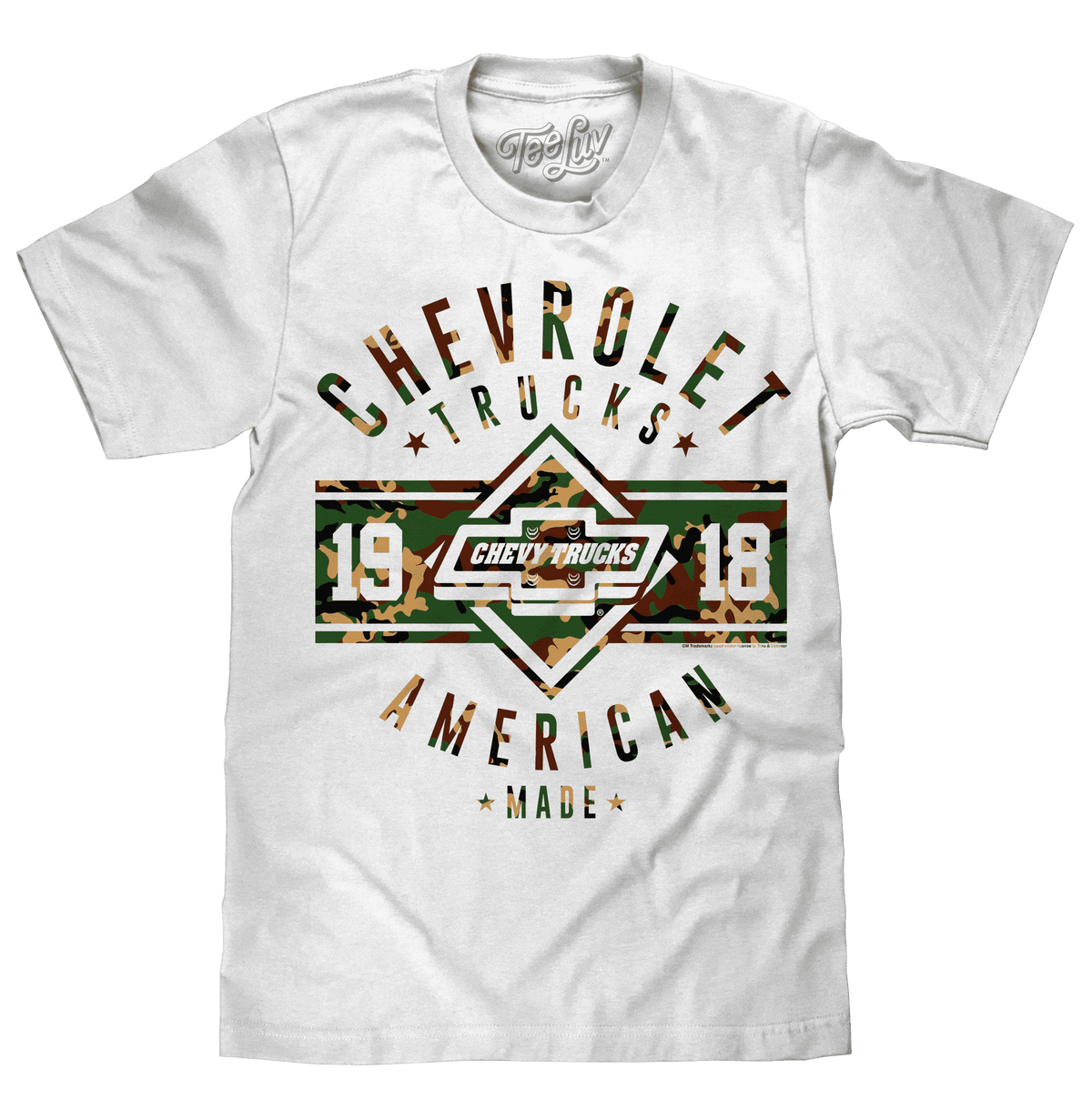 White Chevrolet Trucks T-shirt with colorful badge graphic and 'American Made' text