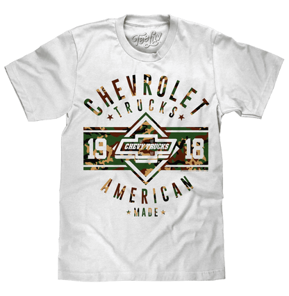 White Chevrolet Trucks T-shirt with colorful badge graphic and 'American Made' text