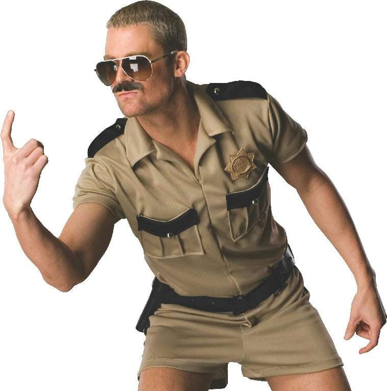 Tan police shirt with black shoulder yoke and utility belt, paired with shorts