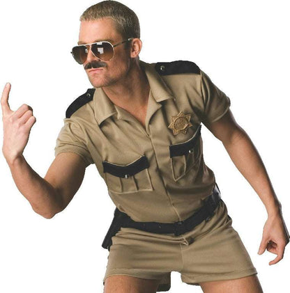 Tan police shirt with black shoulder yoke and utility belt, paired with shorts