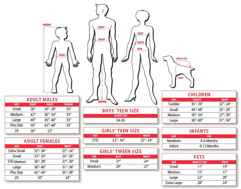 Police costume size chart with measurements for adults, teens, and children