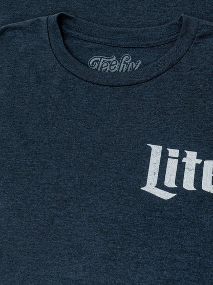 Denim black heather T-shirt neckline with "TeeLuv" logo and partial "Lite" print