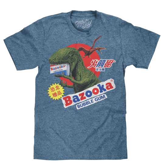 Blue crewneck T-shirt with retro dinosaur and bubble gum logo graphic