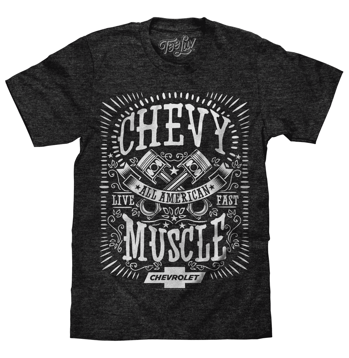 Heather charcoal T-shirt with large Chev "All American Muscle" graphic