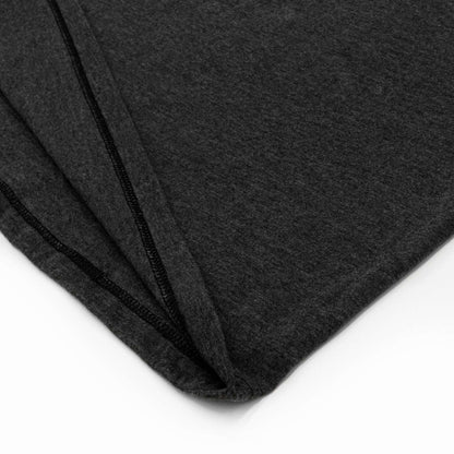 Heather charcoal T-shirt side seam and folded hem edge detail