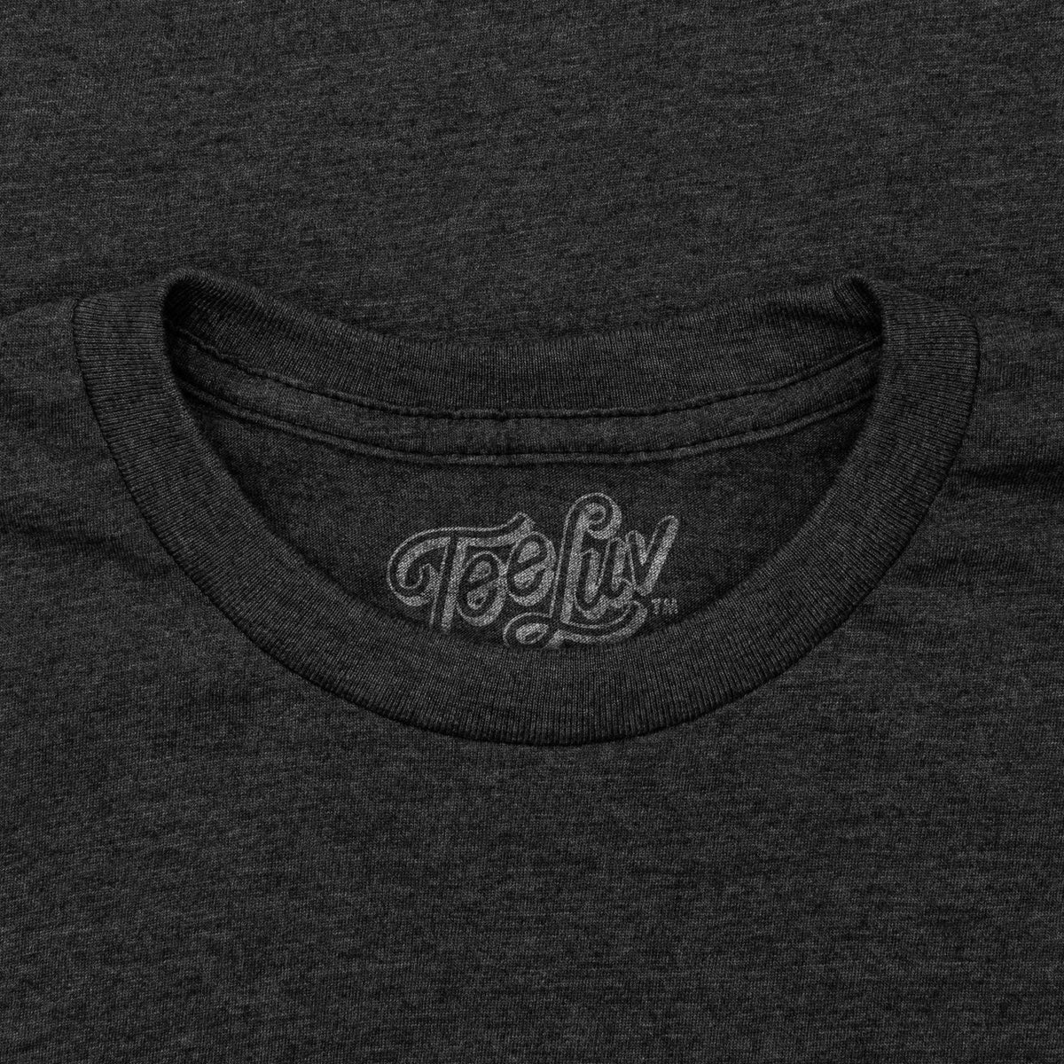 Heather charcoal T-shirt with TeeLuv neck label and crew collar