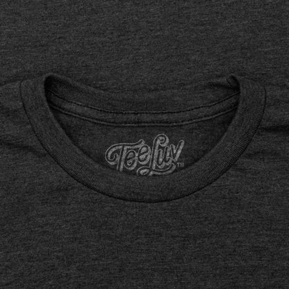 Heather charcoal T-shirt with TeeLuv neck label and crew collar