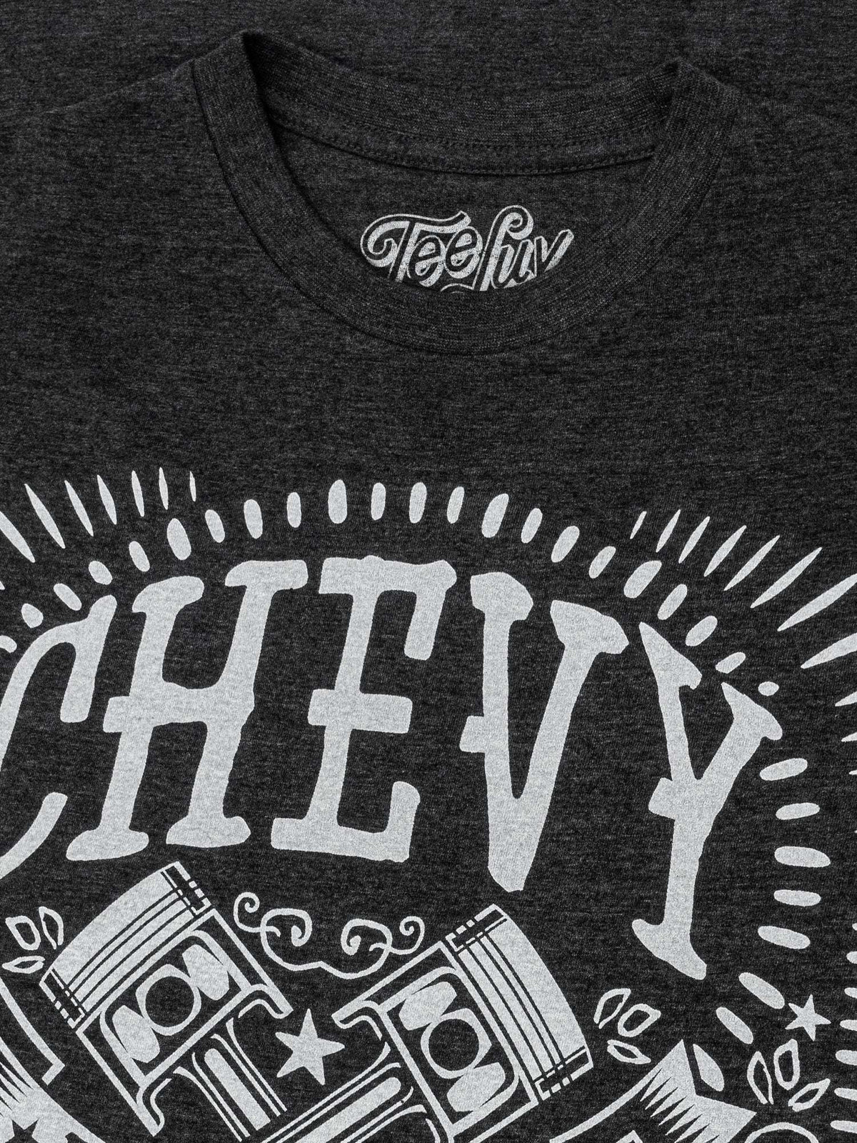 Heather charcoal T-shirt with close-up Chev "All American" vintage print
