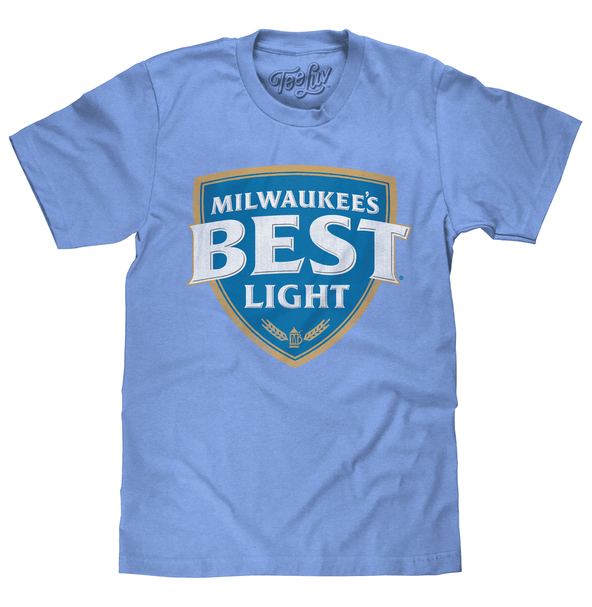 Light blue heather T-shirt front view with Milwaukee's Best Light shield logo