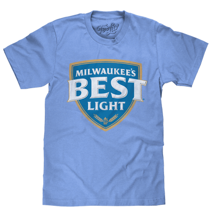 Light blue heather T-shirt front view with Milwaukee's Best Light shield logo
