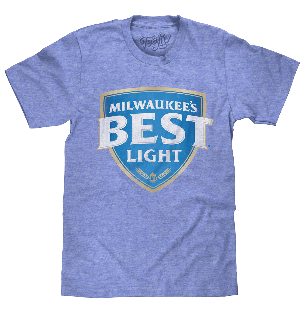 Light blue heather T-shirt with Milwaukee's Best Light logo graphic on front