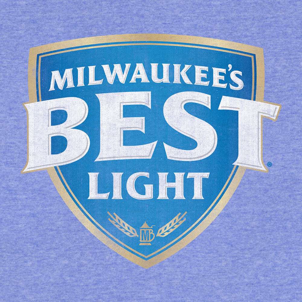 Light blue T-shirt with large Milwaukee's Best Light shield logo graphic