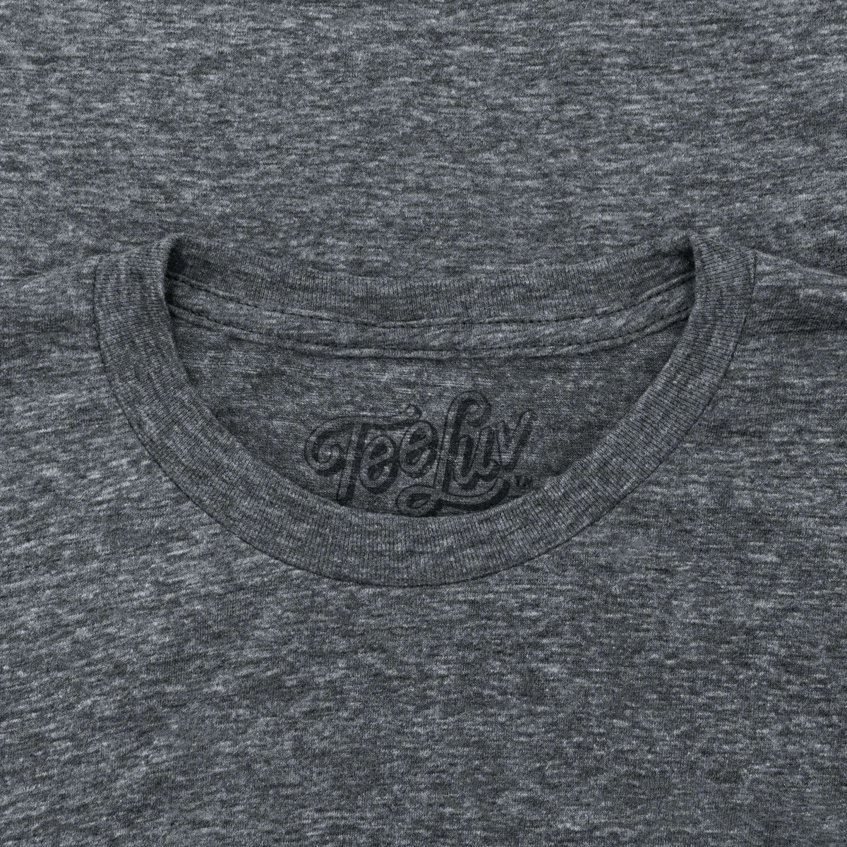 Gray T-shirt crew neck with Tee Luv logo near collar