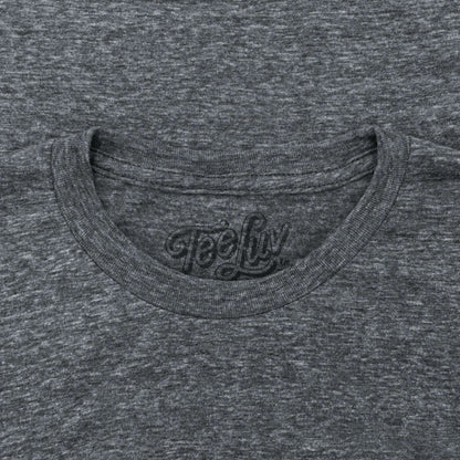 Gray T-shirt crew neck with Tee Luv logo near collar