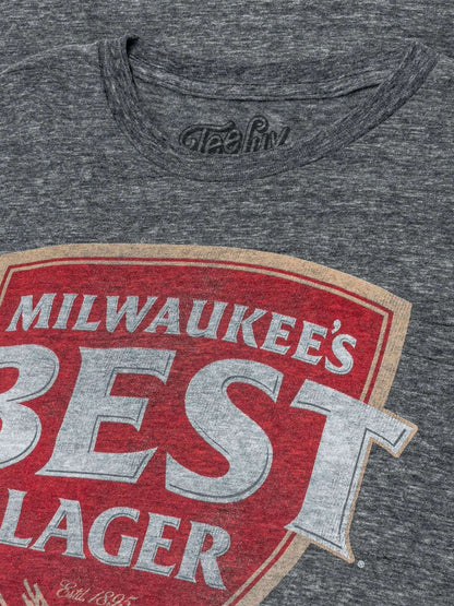 Gray T-shirt neckline with Milwaukee’s Best Lager logo partial front