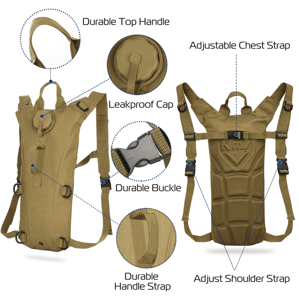 Tan 3L hydration water bladder vest pack detail view with straps, buckle and cap
