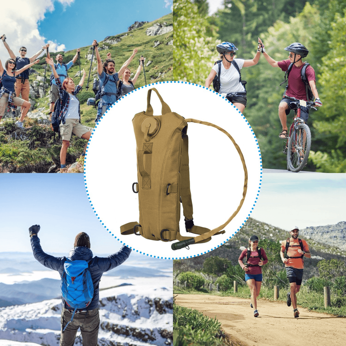 3L hydration bladder vest backpack with side straps, shown in tan for outdoor use