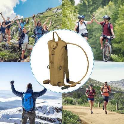 3L hydration bladder vest backpack with side straps, shown in tan for outdoor use