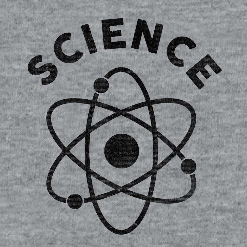 Heather gray T-shirt close-up of black atom science graphic and SCIENCE text