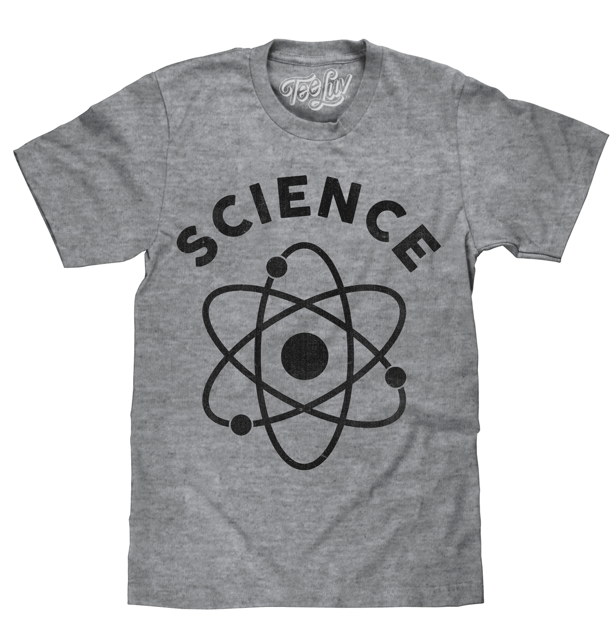 Heather gray science graphic T-shirt with large atom logo print on front