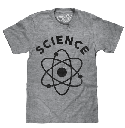 Heather gray science graphic T-shirt with large atom logo print on front