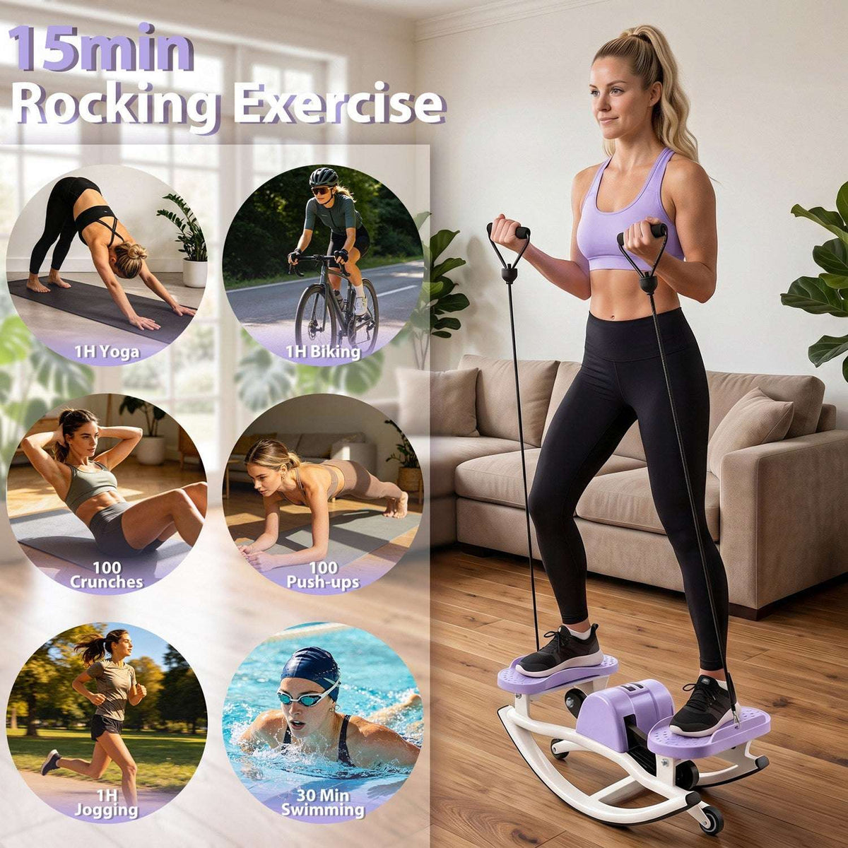 Lavender swing stepper with resistance bands shown in use