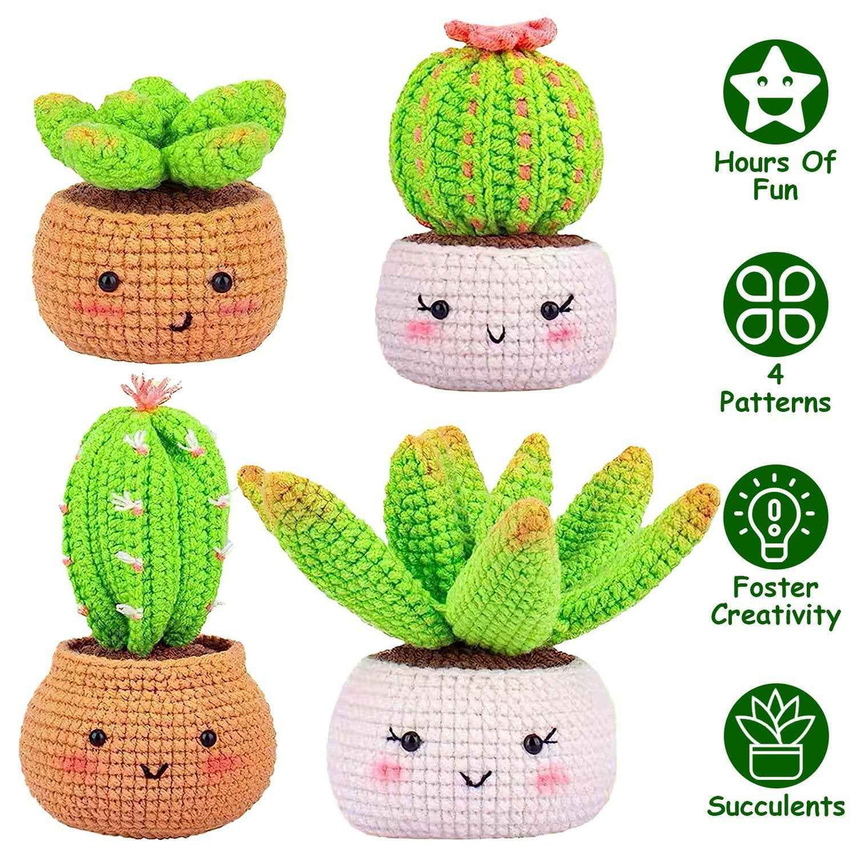 Succulent Crochet Kit for Beginners – 4 Patterns, 9 Yarn Colors & Video Tutorials