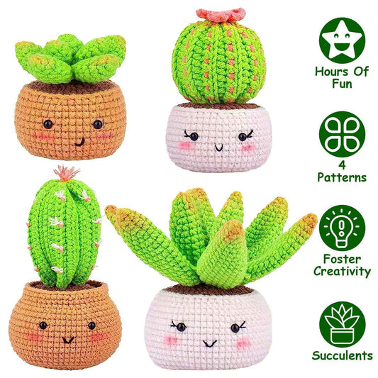 Crochet succulent planters set: green cactus and white/pastel pots with crocheted faces