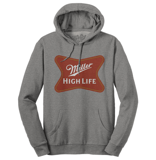 Oxford gray pullover hoodie with front kangaroo pocket and Miller High Life logo graphic