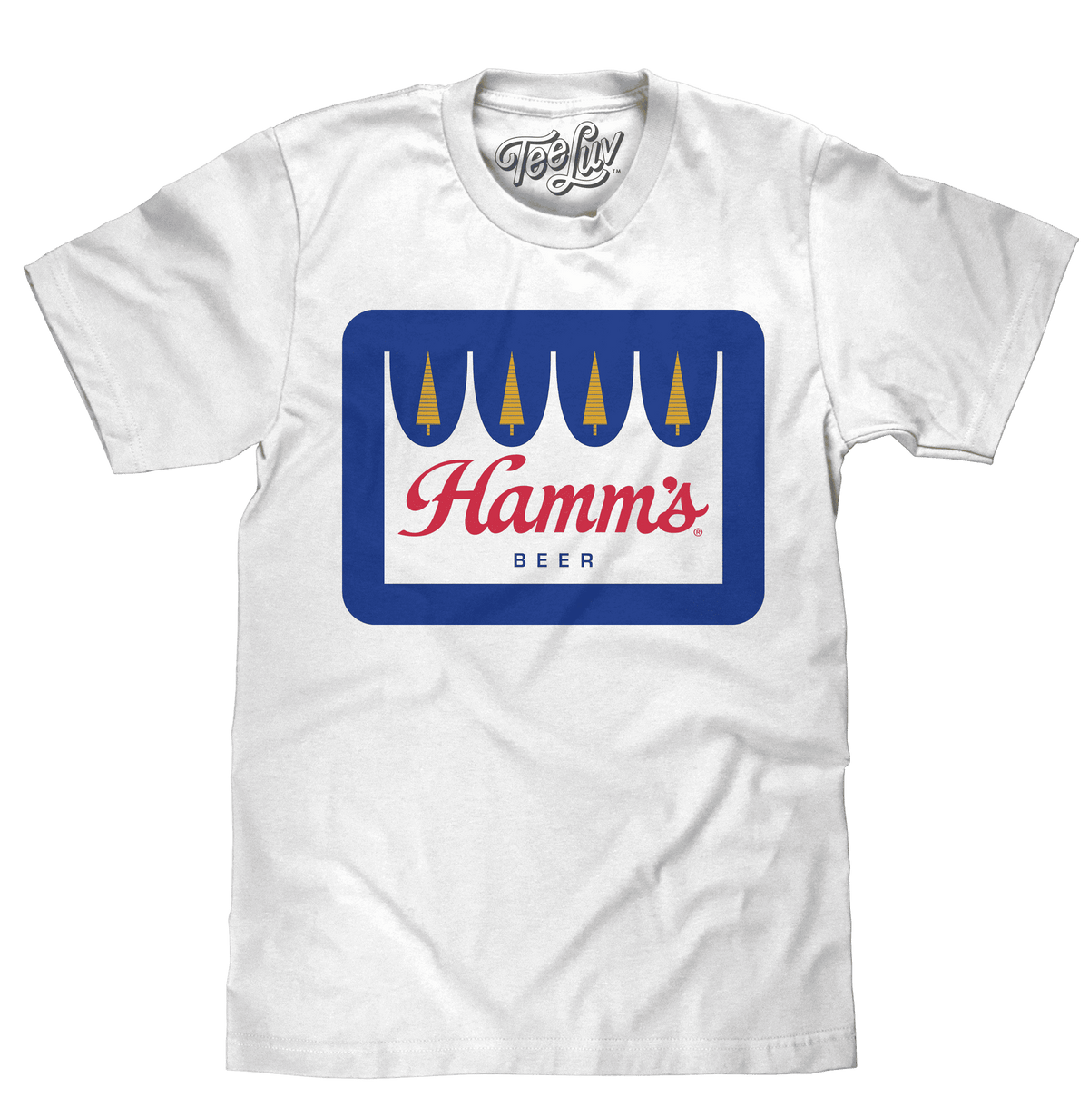 White T-shirt with large blue Hamm's Beer logo print on the front