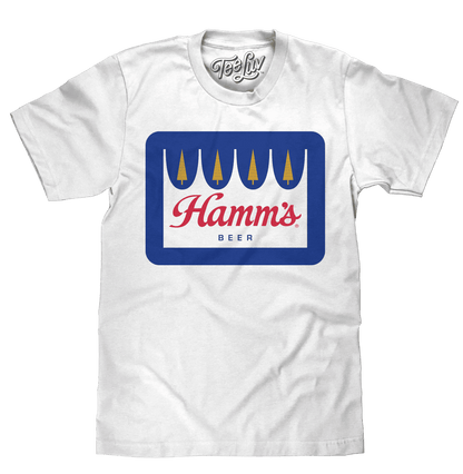 White T-shirt with large blue Hamm's Beer logo print on the front