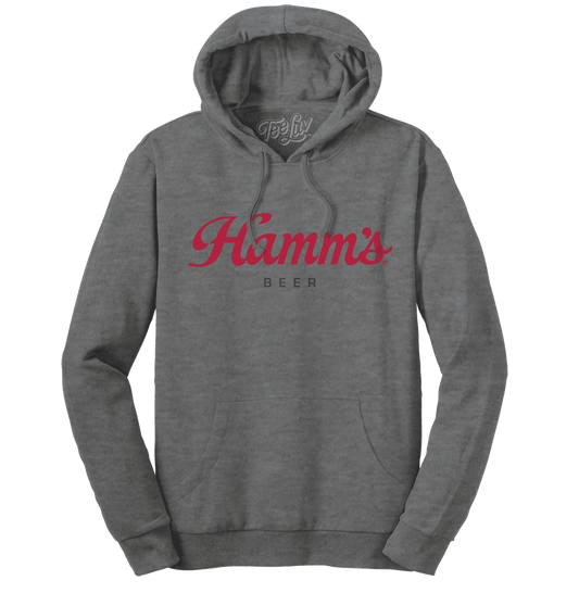 Oxford gray pullover hoodie with red Beer script logo and front pocket