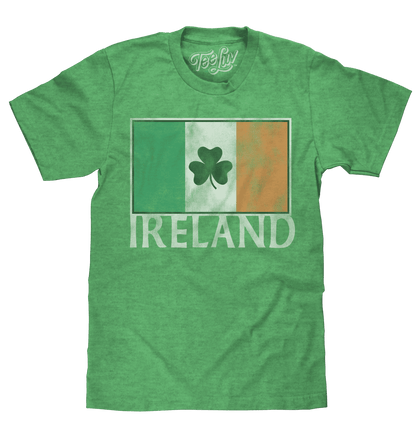 Green Ireland flag graphic T-shirt with shamrock and “Ireland” text