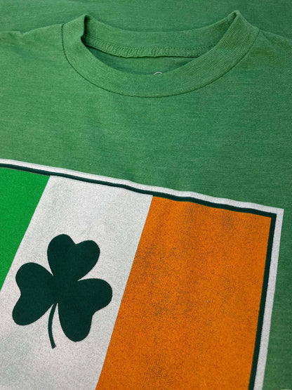 Green T-shirt with Ireland flag panel and shamrock logo graphic