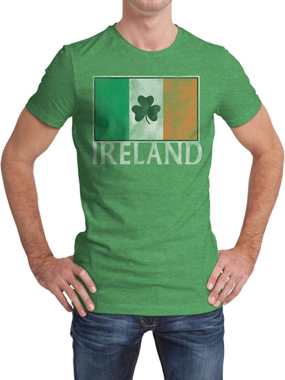 Green graphic T-shirt worn by model; Ireland flag and shamrock print
