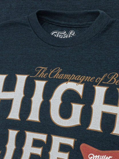 Heather navy T-shirt with “High Life” logo and Miller High Life emblem detail