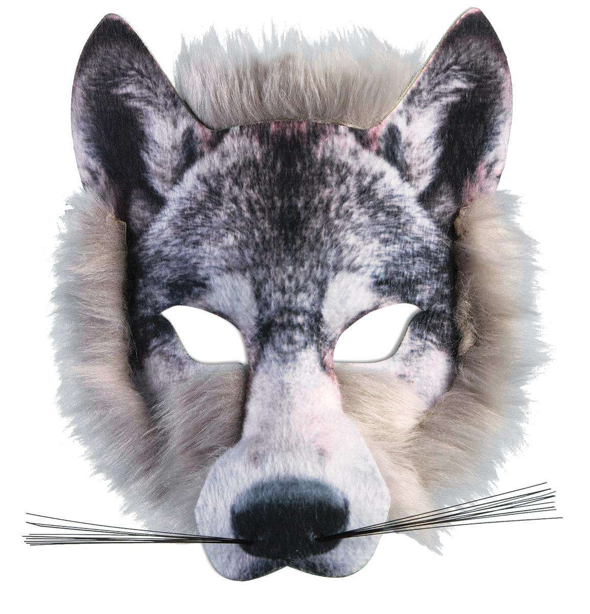 Realistic wolf 3D plush costume mask with gray and white faux fur and eye openings